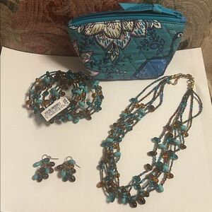 Vera Bradley Make Up Bag with Turquoise & Brown Layered Jewelry Set - Like New!
